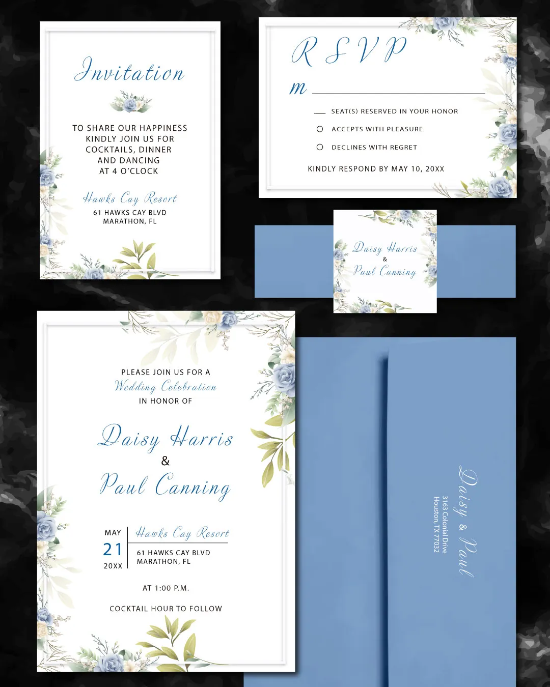 Blue Flowers Simple Flat 5x7 Wedding Invitation AP Printing - Blue Flowers Simple Flat 5x7 Wedding Invitation - Custom Printing Services