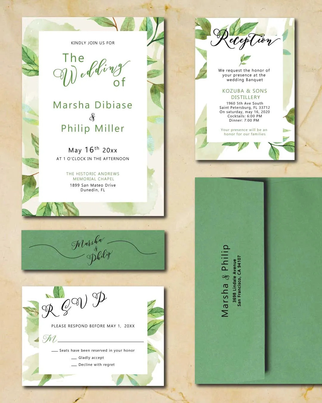 Rustic Green Leaves Simple Flat 5x7 Wedding Invitation AP Printing - Rustic Green Leaves Simple Flat 5x7 Wedding Invitation - Custom Printing Services