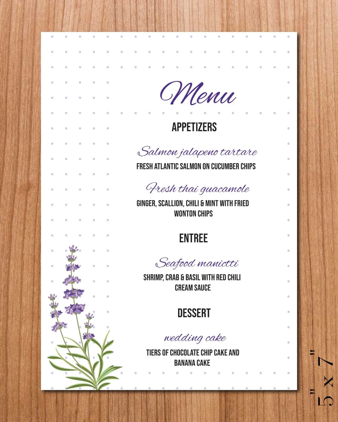 Lavender and Dots Wedding Menu Cards AP Printing - Lavender and Dots Wedding Menu Cards - Custom Printing Services