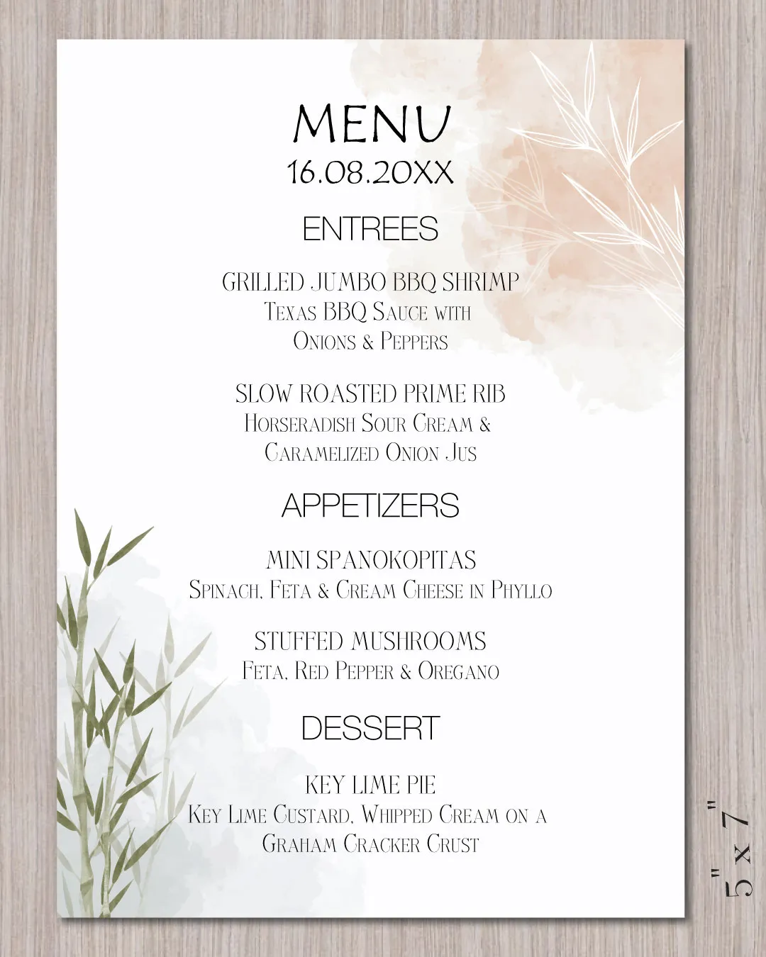 AP Printing - Zen Design bamboo Wedding Menu Cards - Custom Printing Services