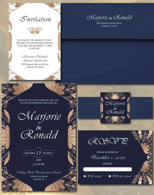 AP Printing - Gold Plated Leaves Simple Flat 5x7 Wedding Invitation - Custom Printing Services