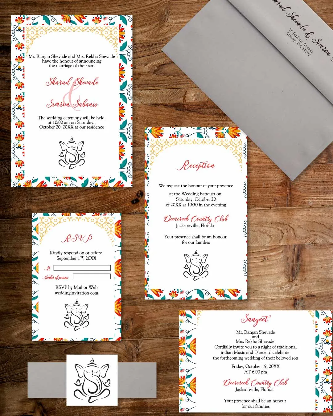 Bright Floral Elephant Indian Wedding Invitation AP Printing - Bright Floral Elephant Indian Wedding Invitation - Custom Printing Services