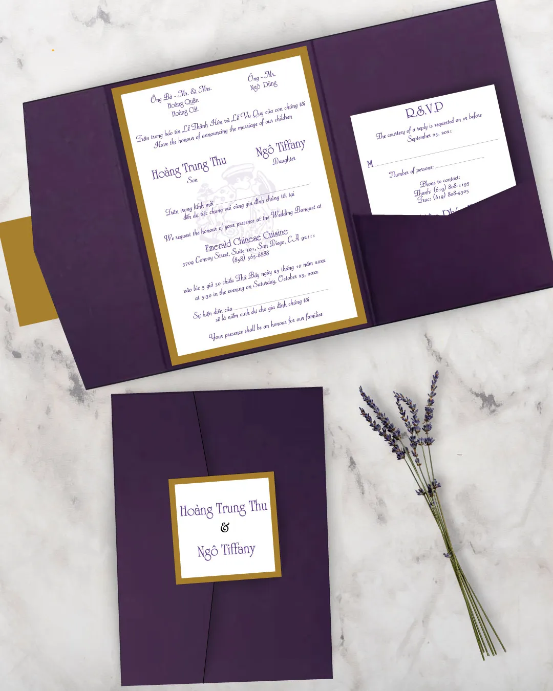 Minimalist Purple Letters A7 Himalaya Pocket Vietnamese & English Wedding Invitation AP Printing - Minimalist Purple Letters A7 Himalaya Pocket Vietnamese & English Wedding Invitation - Custom Printing Services