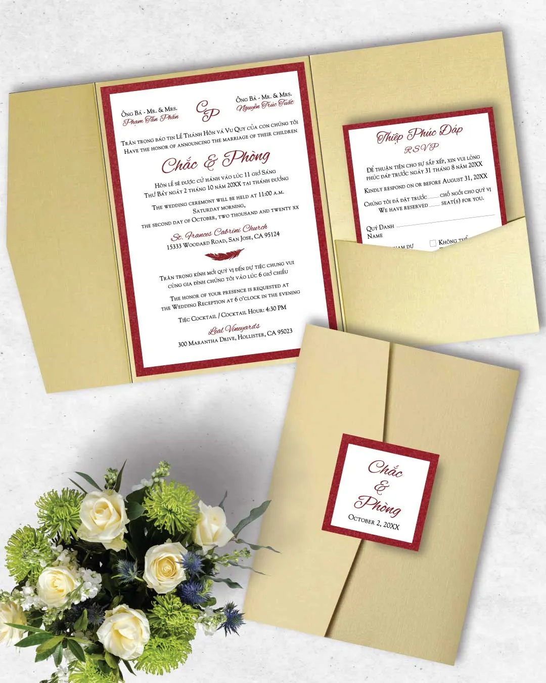 AP Printing - Basic Red Feather A7 Himalaya Pocket Vietnamese & English Wedding Invitation - Custom Printing Services