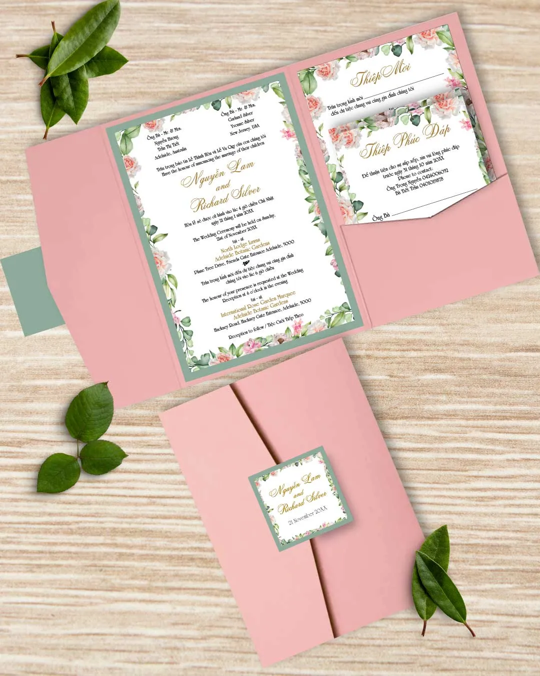 Pastel Floral Frame A7 Himalaya Pocket Vietnamese & English Wedding Invitation AP Printing - Pastel Floral Frame A7 Himalaya Pocket Vietnamese & English Wedding Invitation - Custom Printing Services