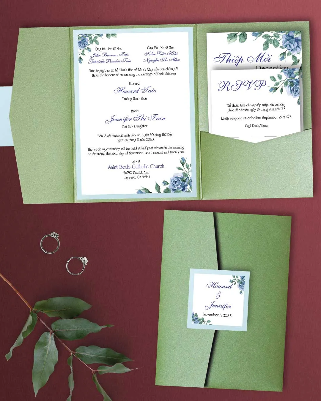 AP Printing - Design Winter Flowers A7 Himalaya Pocket Vietnamese & English Wedding Invitation - Custom Printing Services