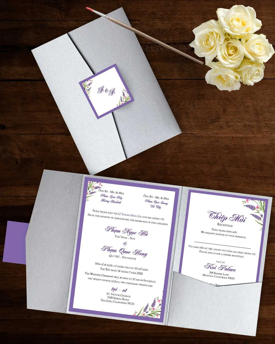 Magnificent Lavender Flowers A7 Himalaya Pocket Vietnamese & English Wedding Invitation AP Printing - Magnificent Lavender Flowers A7 Himalaya Pocket Vietnamese & English Wedding Invitation - Custom Printing Servi
