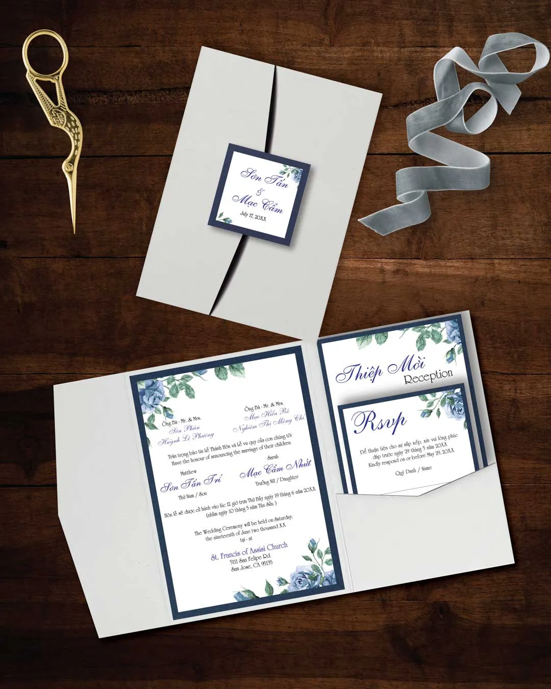 Magnificent Blue Flowers A7 Himalaya Pocket Vietnamese & English Wedding Invitation AP Printing - Magnificent Blue Flowers A7 Himalaya Pocket Vietnamese & English Wedding Invitation - Custom Printing Services