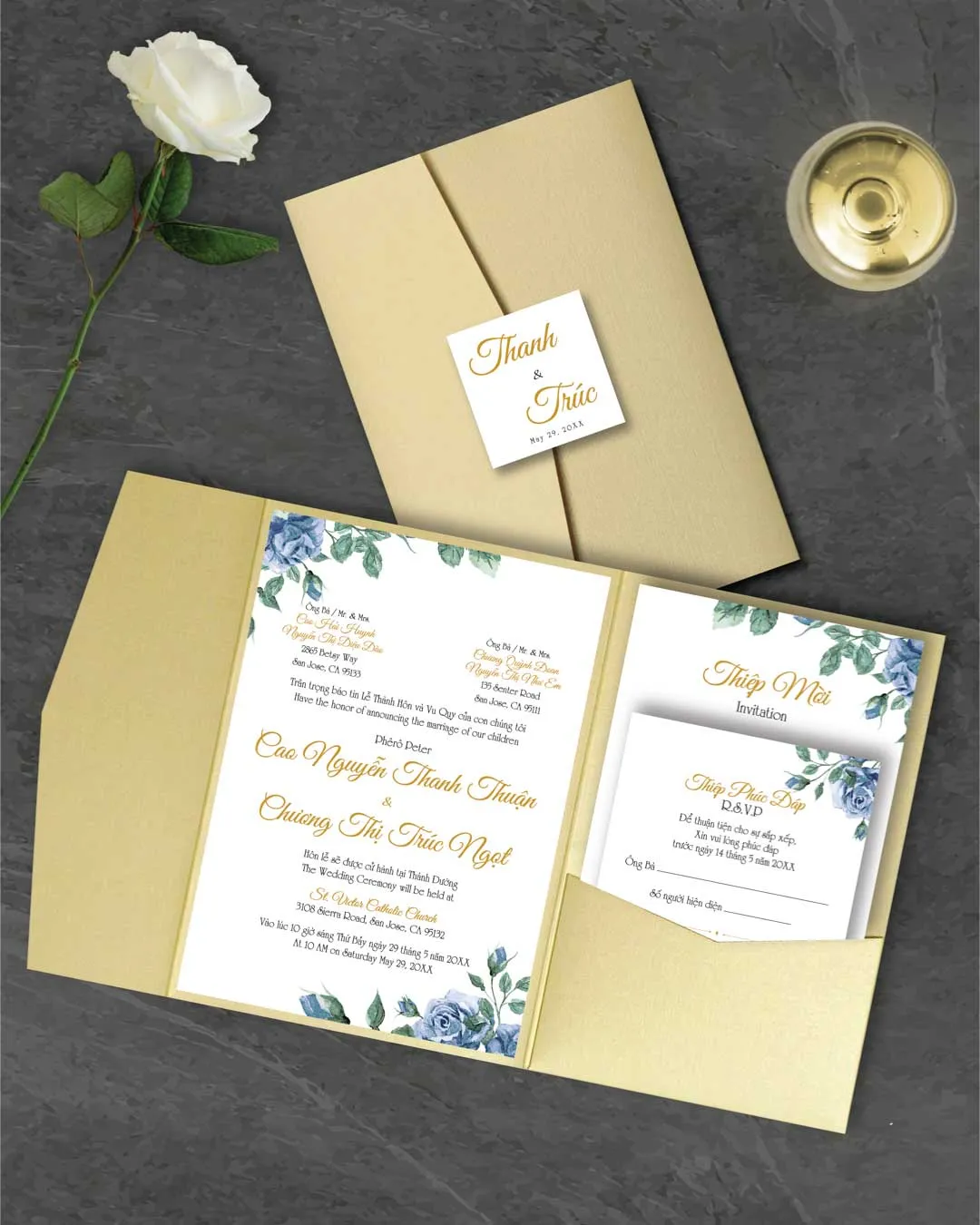 AP Printing - Golden Sublime Flowers A7 Himalaya Pocket Vietnamese & English Wedding Invitation - Custom Printing Services