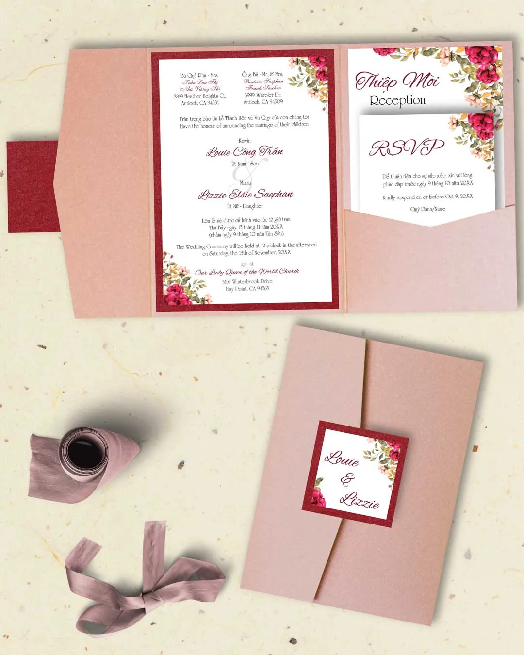 AP Printing - Opaque Red Flowers A7 Himalaya Pocket Vietnamese & English Wedding Invitation - Custom Printing Services