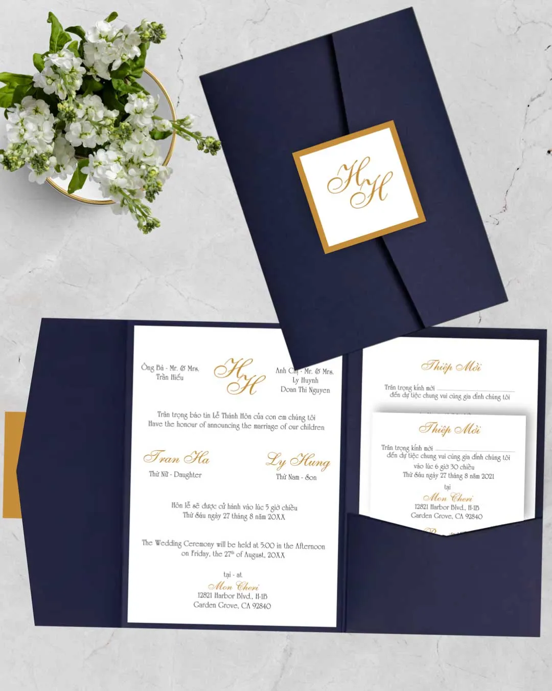 Simple Gold Lettering A7 Himalaya Pocket Vietnamese & English Wedding Invitation AP Printing - Simple Gold Lettering A7 Himalaya Pocket Vietnamese & English Wedding Invitation - Custom Printing Services
