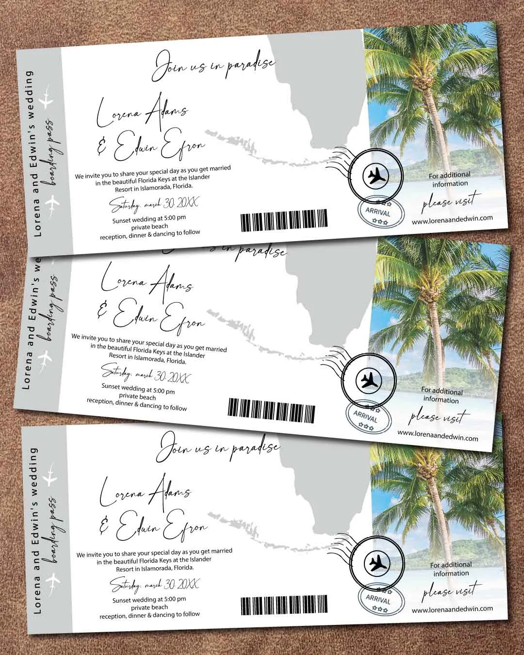 Elegant Beach Ticket Boarding Pass Wedding Invitations AP Printing - Elegant Beach Ticket Boarding Pass Wedding Invitations - Custom Printing Services