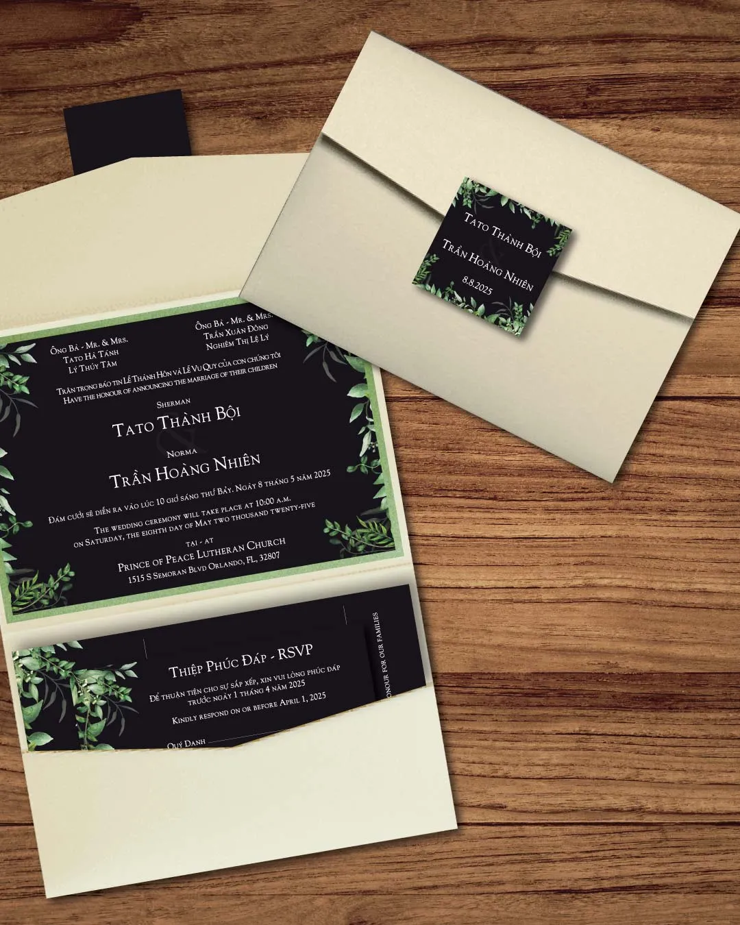 Watercolor Leaves A7 Atlas Pocket Vietnamese & English Wedding Invitation AP Printing - Watercolor Leaves A7 Atlas Pocket Vietnamese & English Wedding Invitation - Custom Printing Services