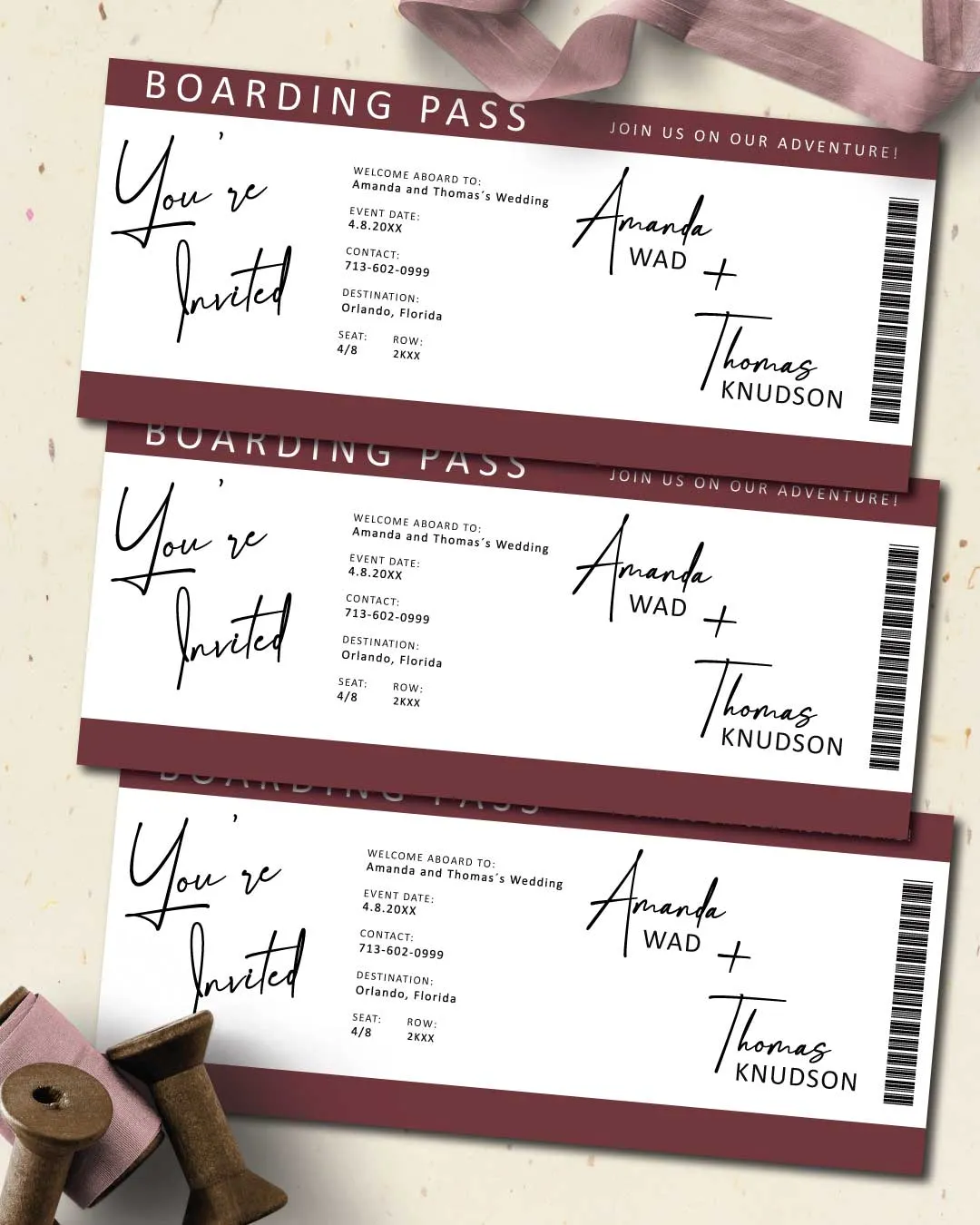 Elegant Burgundy Ticket Boarding Pass Wedding Invitations AP Printing - Elegant Burgundy Ticket Boarding Pass Wedding Invitations - Custom Printing Services