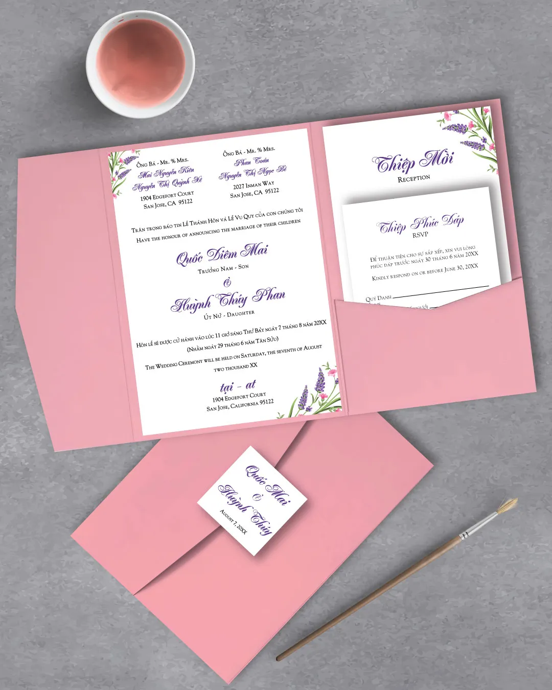 Purple Letters Flowers A7 Himalaya Pocket Vietnamese & English Wedding Invitation AP Printing - Purple Letters Flowers A7 Himalaya Pocket Vietnamese & English Wedding Invitation - Custom Printing Services