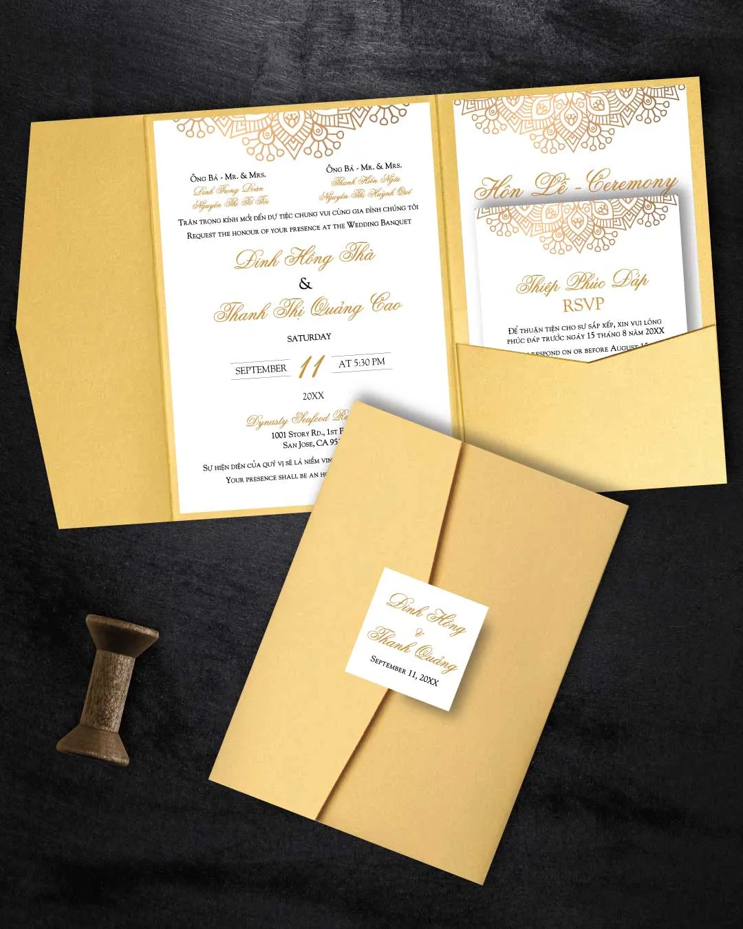 Golden Mandalas A7 Himalaya Pocket Vietnamese & English Wedding Invitation AP Printing - Golden Mandalas A7 Himalaya Pocket Vietnamese & English Wedding Invitation - Custom Printing Services