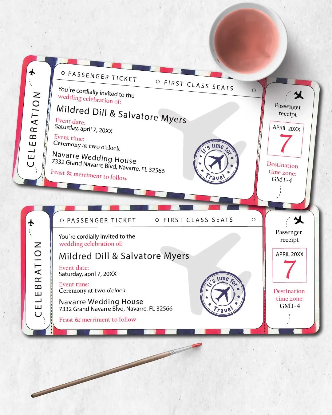 Tricolor Striped Ticket Boarding Pass Wedding Invitations AP Printing - Tricolor Striped Ticket Boarding Pass Wedding Invitations - Custom Printing Services