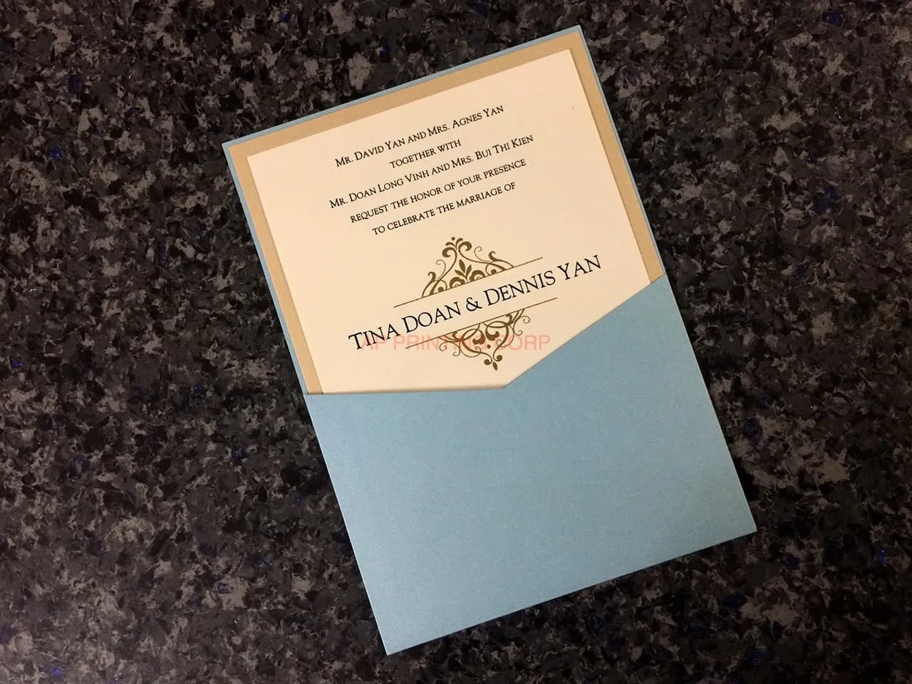 AP Printing - SLIDER-57-NMN Blue, Gold Linen, Natural Linen Pocket & Folder Invitation - Custom Printing Services