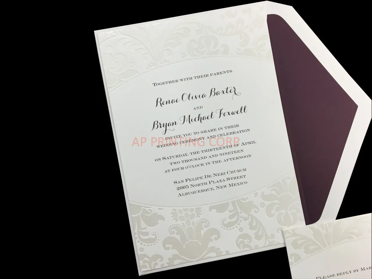 AP Printing - [CC-05] Pearlized Filigree Border Floral Wedding Invitation - Custom Printing Services