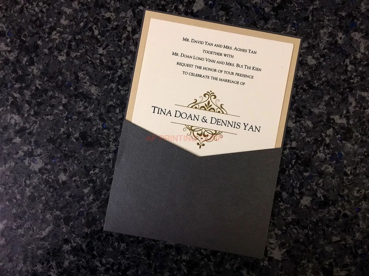 Slider 57 MMN Onyx, Gold Linen, Natural Linen Pocket & Folder Invitation AP Printing - Slider 57 MMN Onyx, Gold Linen, Natural Linen Pocket & Folder Invitation - Custom Printing Services