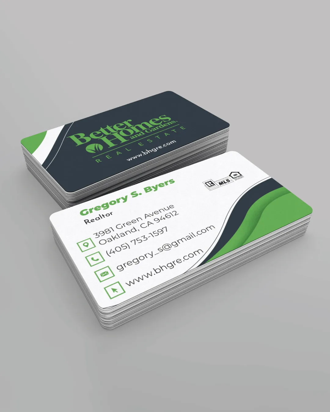 AP Printing - Green and Waves in Corner BHGRE Standard Business Cards - Custom Printing Services