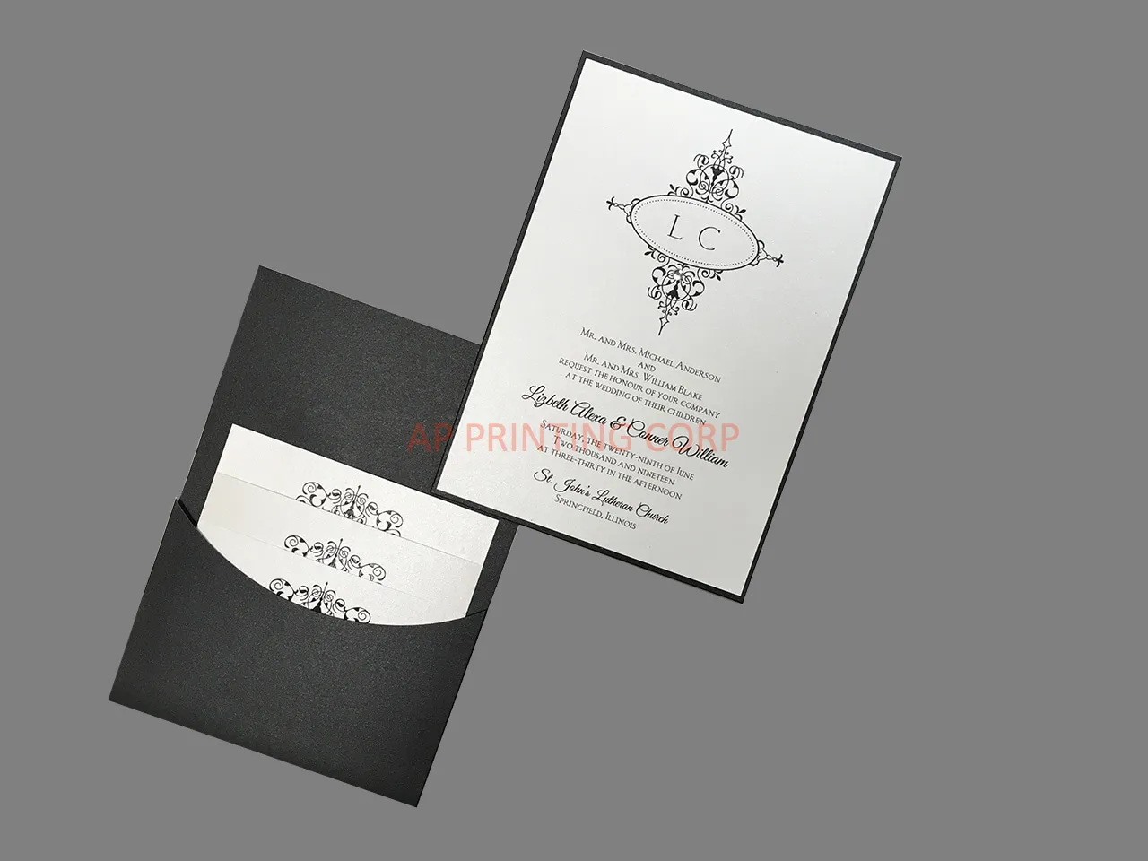 AP Printing - Monogram Flourish, Black Pocket, White Shimmer [CC-81] Pocket & Folder Invitation - Custom Printing Services