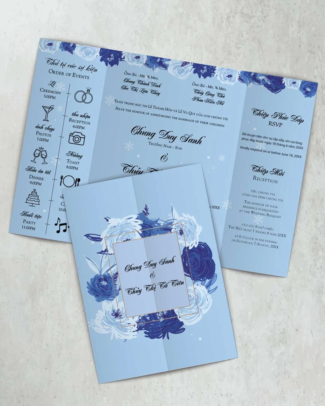 AP Printing - Roses in Different Blues Gate Fold 5x7 Gate Fold Vietnamese & English Wedding Invitation - Custom Printing Serv