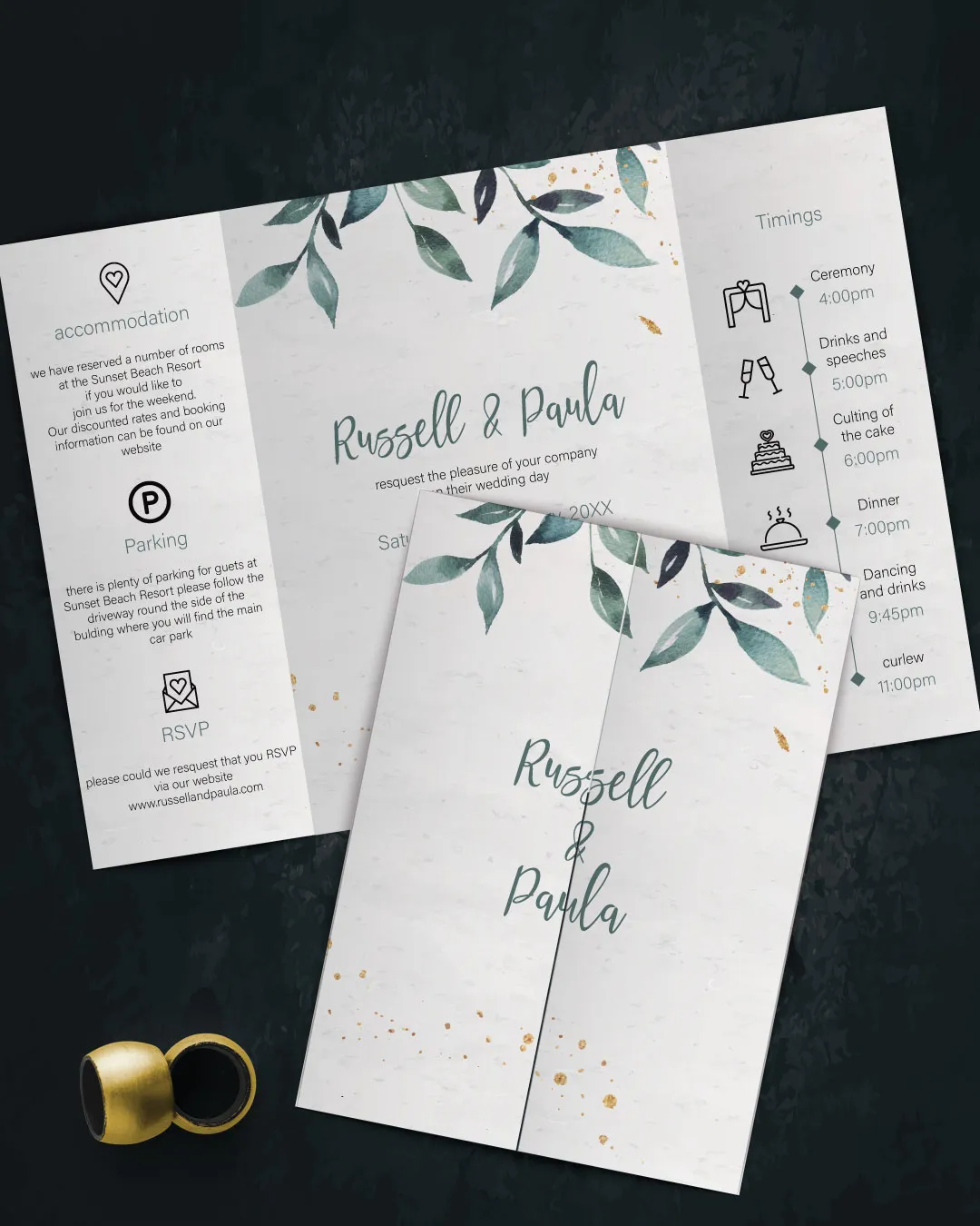 Small Golden Flowers 5x7 Gate Fold Wedding Invitation AP Printing - Small Golden Flowers 5x7 Gate Fold Wedding Invitation - Custom Printing Services