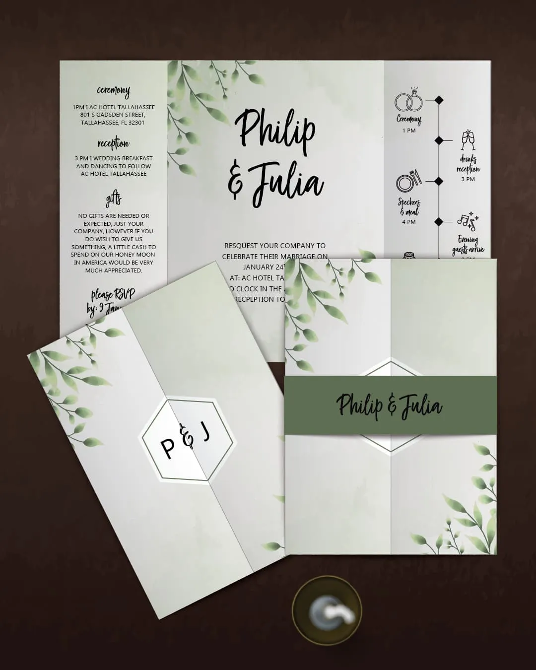 AP Printing - Delicate Emerald Leaves 5x7 Gate Fold Wedding Invitation - Custom Printing Services