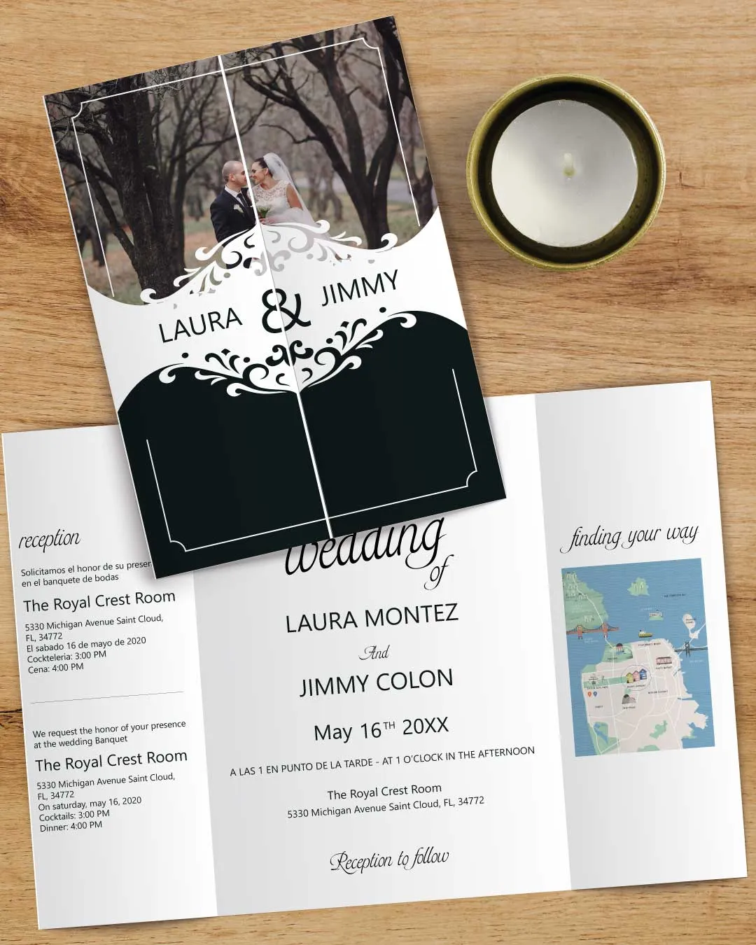 AP Printing - Elegant Couple's Photo 5x7 Gate Fold Spanish & English Wedding Invitation - Custom Printing Services