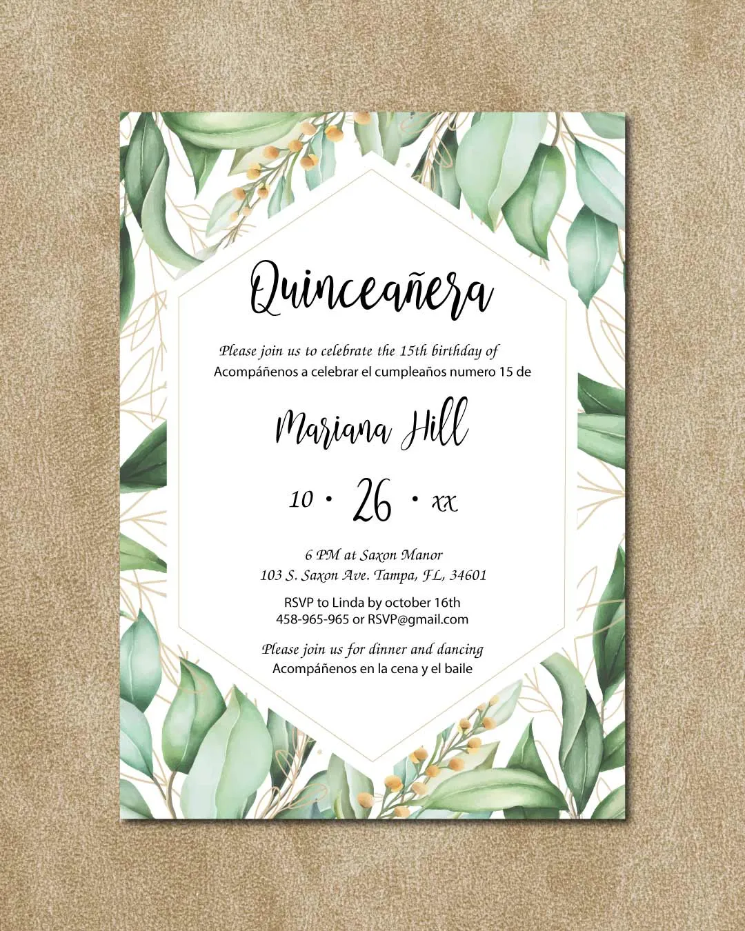 AP Printing - Pretty Leaves Quinceanera Invitation - Custom Printing Services
