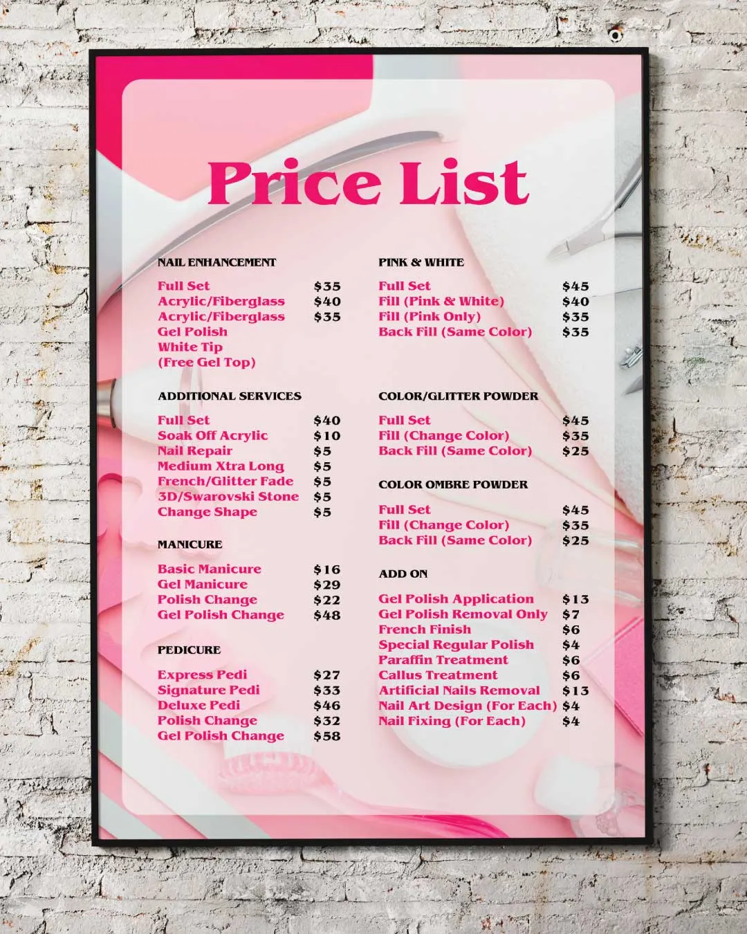 AP Printing - Pink Spa Price List - Custom Printing Services