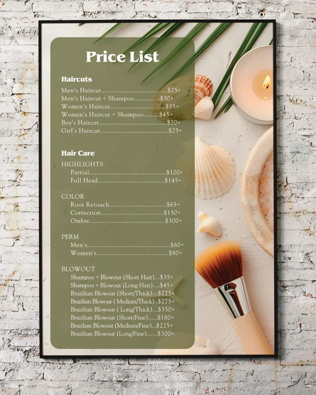 AP Printing - Spa Seashells and Brushes Price List - Custom Printing Services