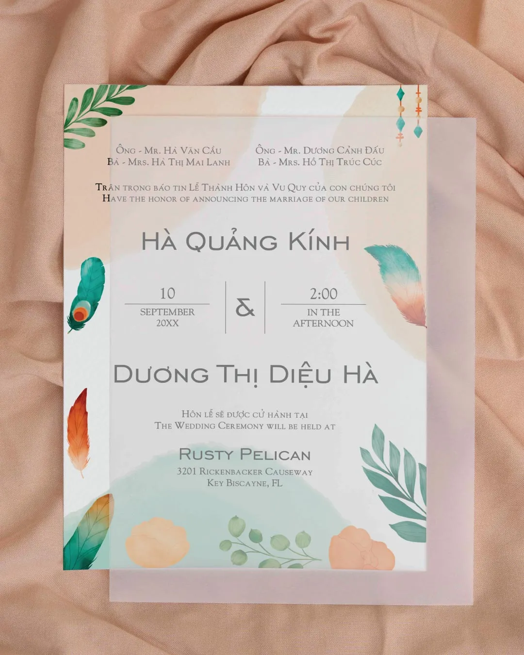 AP Printing - Boho with Feathers Vellum Wrapped Vietnamese & English Wedding Invitation - Custom Printing Services