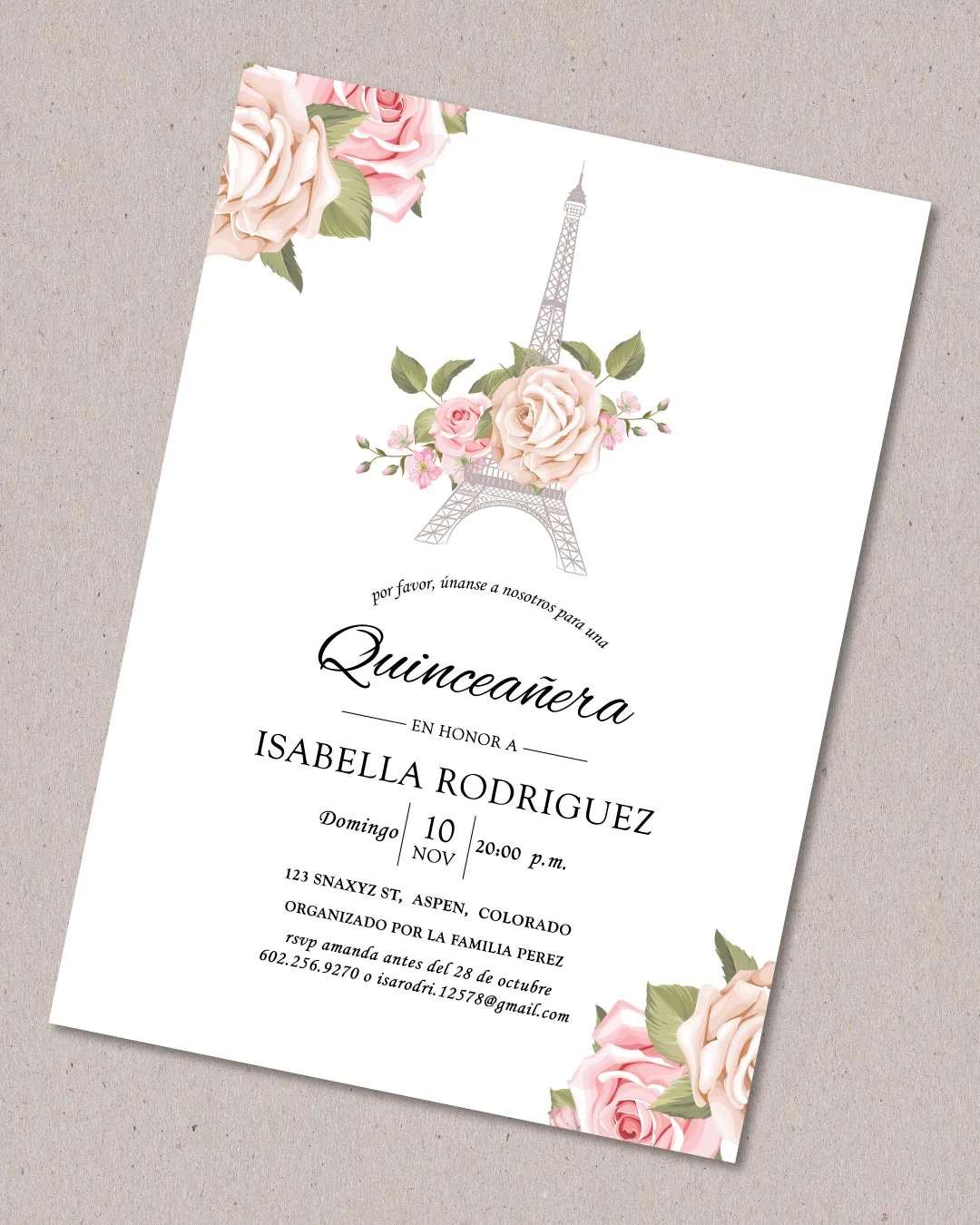 AP Printing - Eiffel Tower and Flowers Quinceanera Invitation - Custom Printing Services