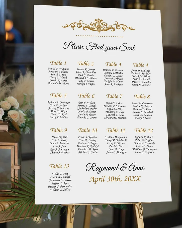 AP Printing - Ornate Gold Elegance Seating Charts - Custom Printing Services