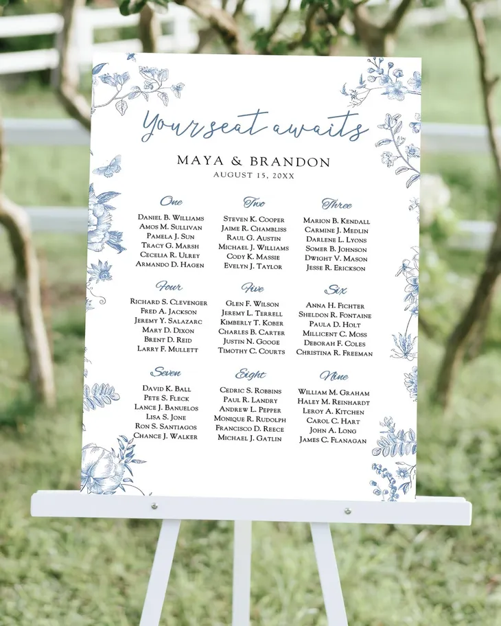 AP Printing - Blue Blossom Elegance Seating Charts - Custom Printing Services