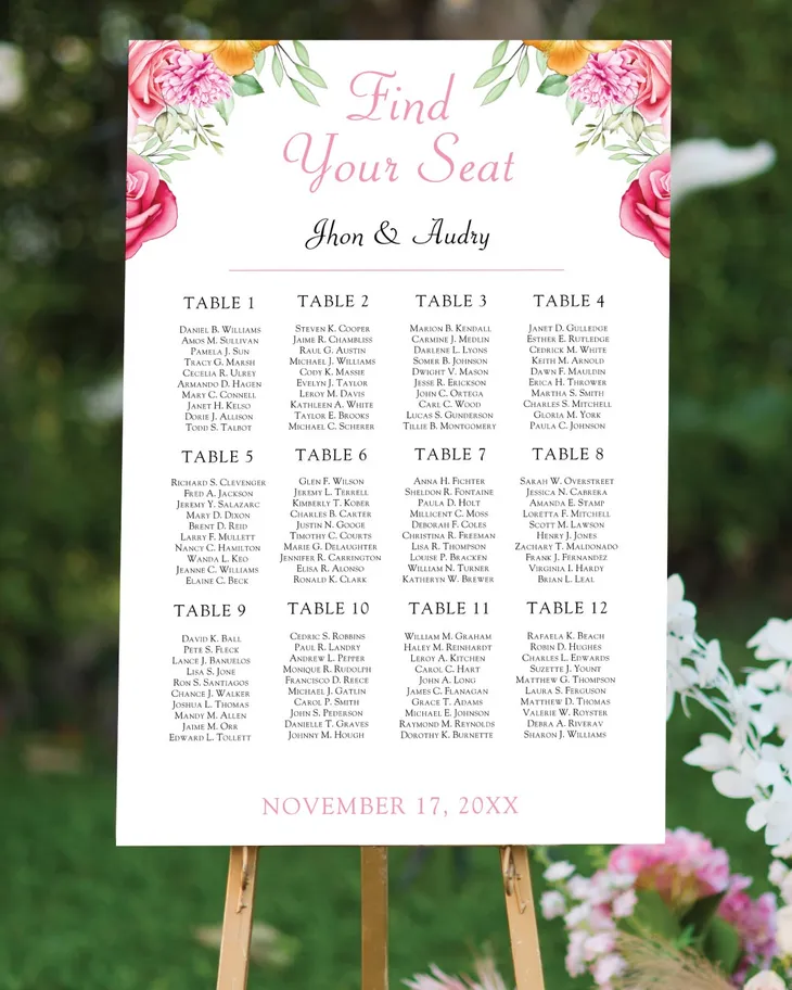 Blush Garden Elegance Seating Charts AP Printing - Blush Garden Elegance Seating Charts - Custom Printing Services
