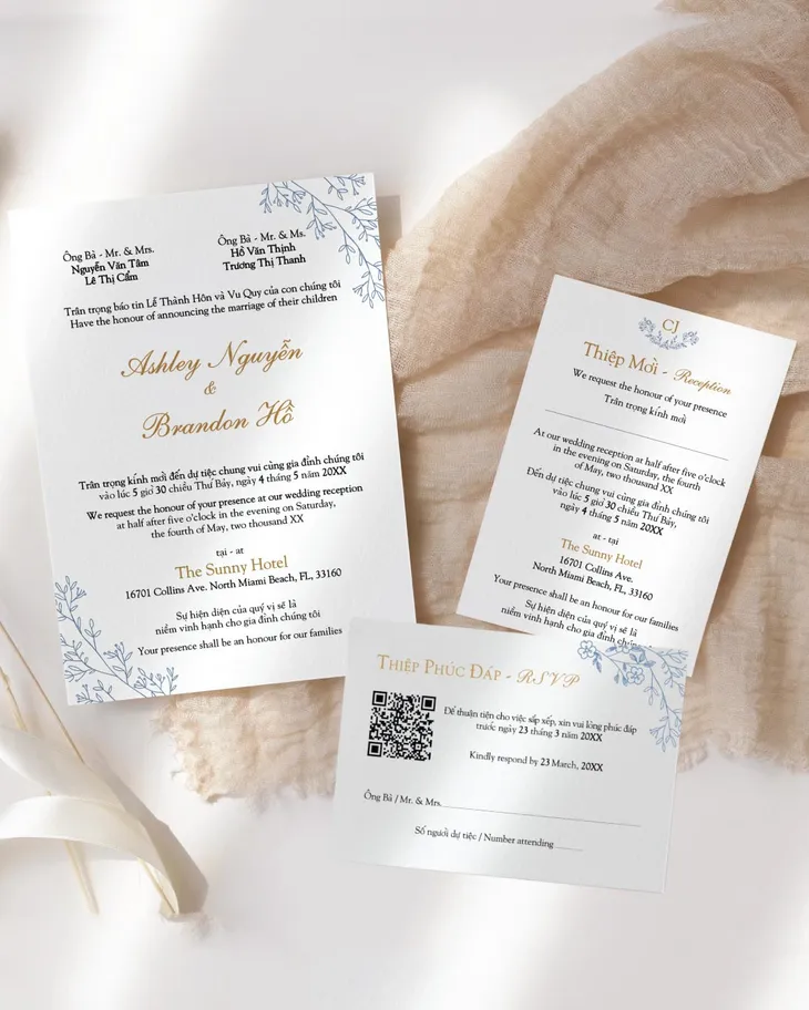 AP Printing - Blue Floral Layout Simple Flat 5x7 Wedding Invitation - Custom Printing Services