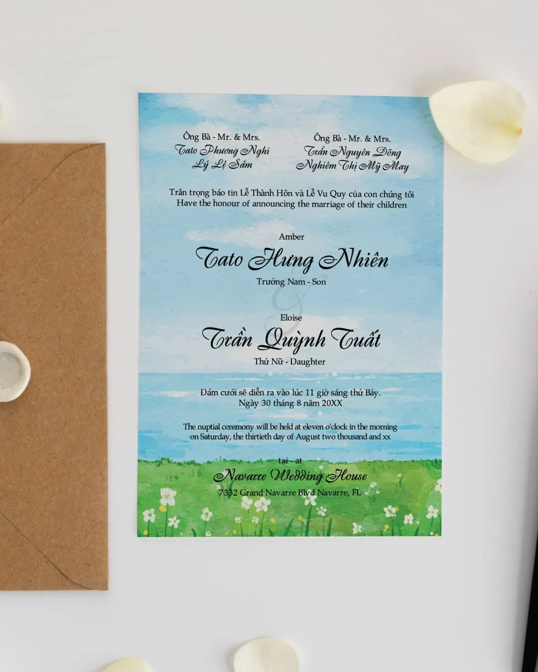 Ocean View Vellum Wrapped Vietnamese & English Wedding Invitation