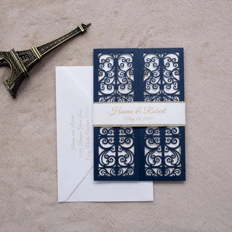 Gold Floral Diamond Drop Laser Cut Wedding Invitation