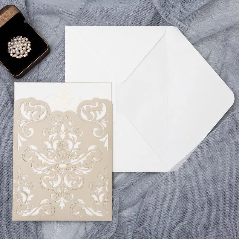 Ivory Laser Cut Floral Wrap Wedding Invitation