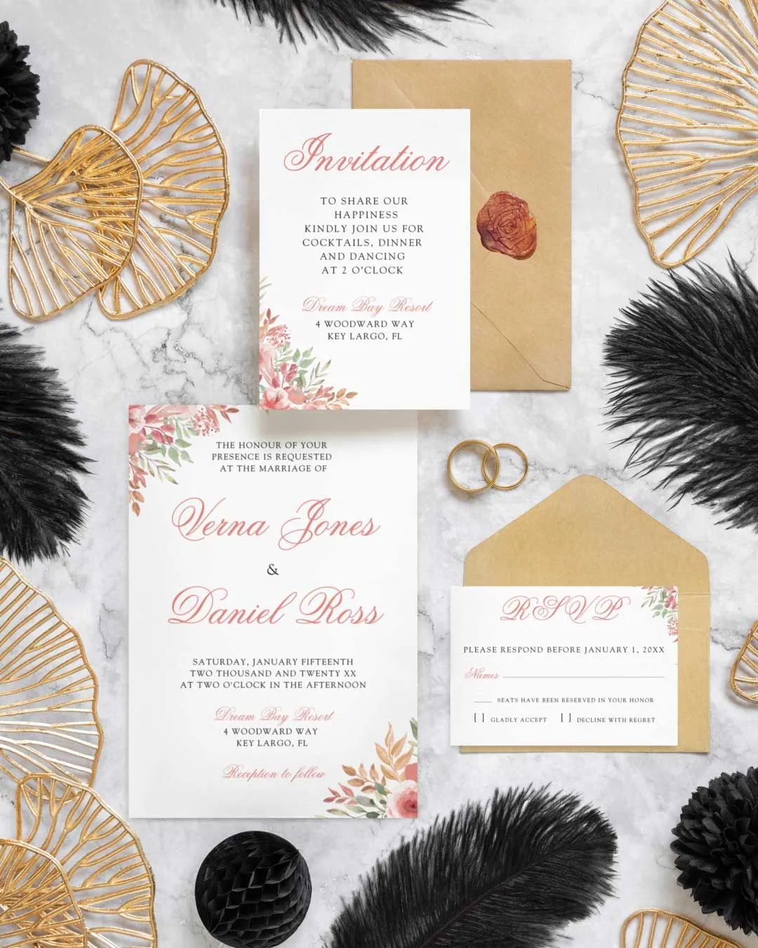 Pink Flowers Simple Flat 5x7 Wedding Invitation