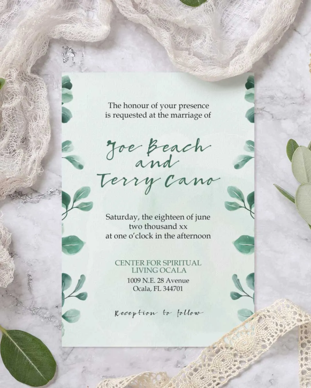Elegant Green Leaves Simple Flat 5x7 Wedding Invitation