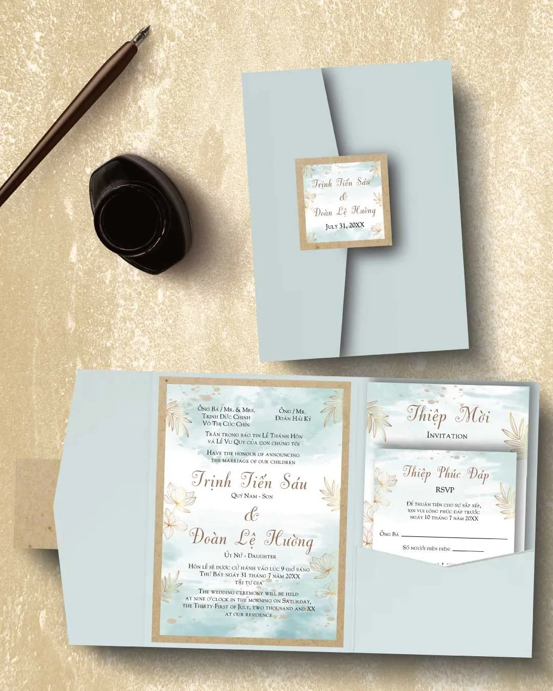 Lots of Blue Watercolor A7 Himalaya Pocket Template Vietnamese & English Wedding Invitation