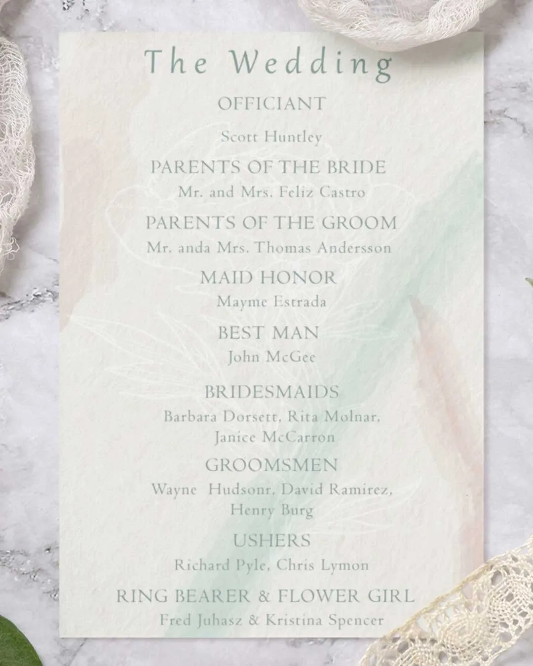 Glowing Beauty Wedding Program Card