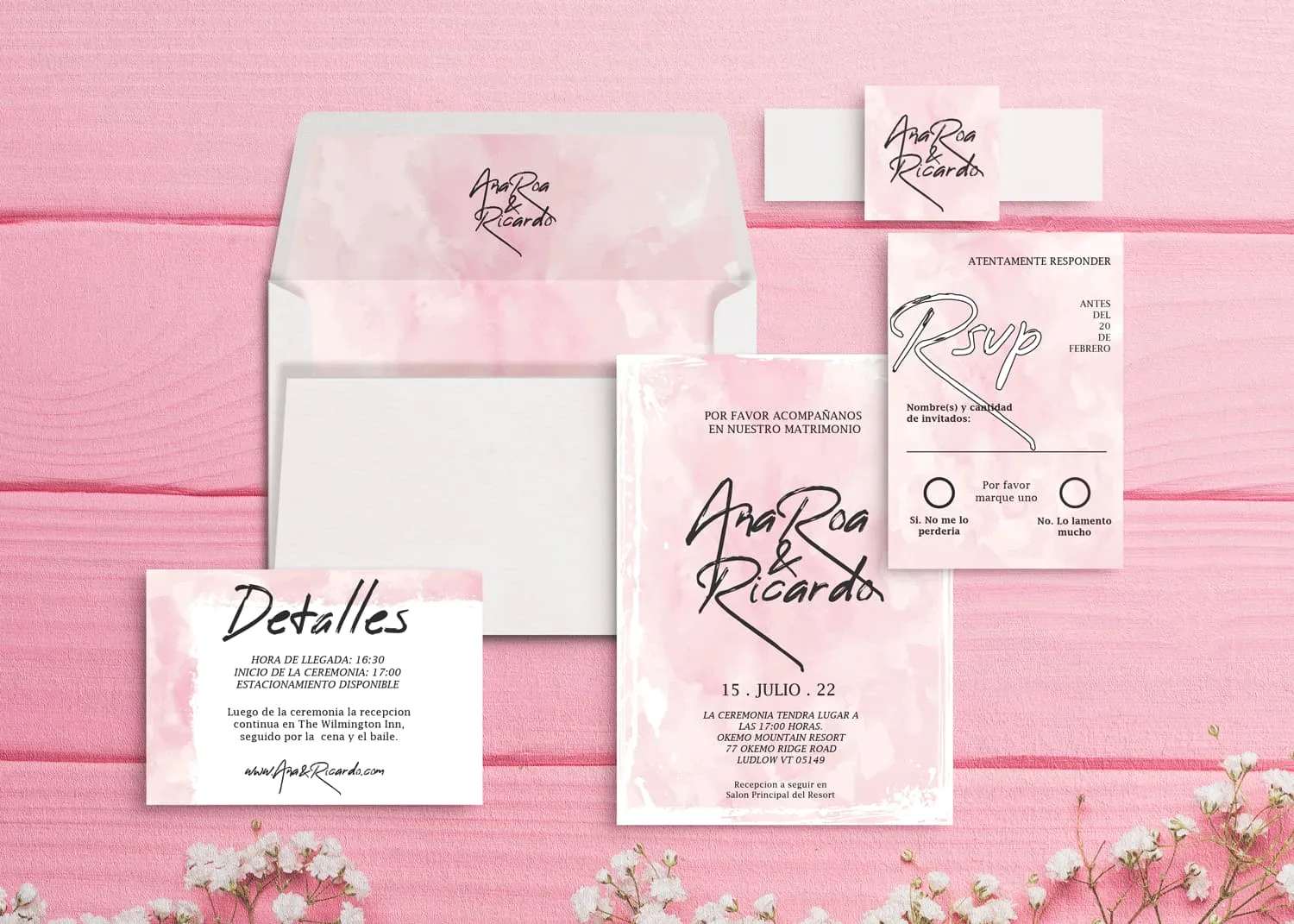 Blush Pink Strokes Spanish & English Elegant Wedding Invitation
