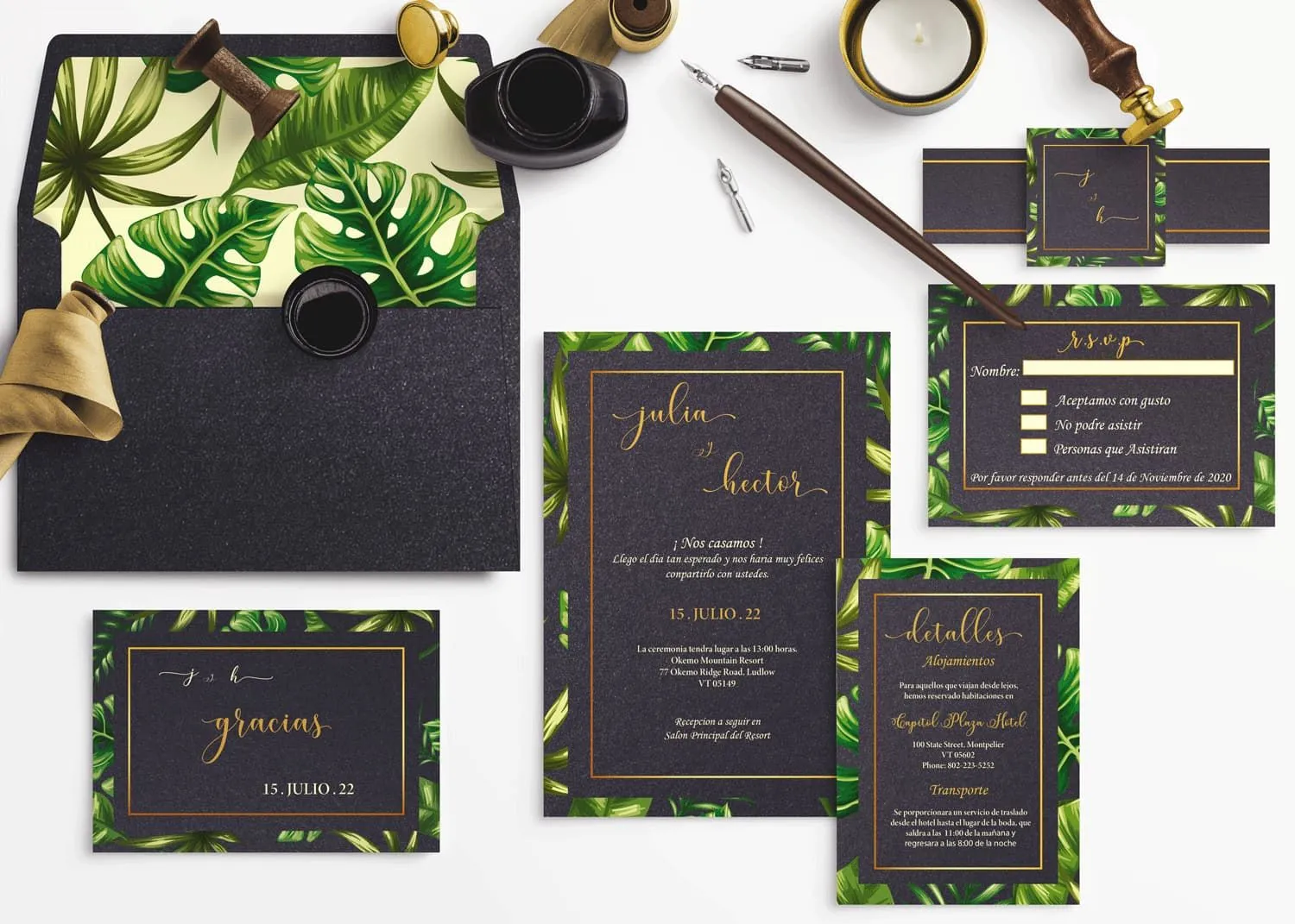 Monstera Leaf with Gold Border Spanish & English Elegant Wedding Invitation
