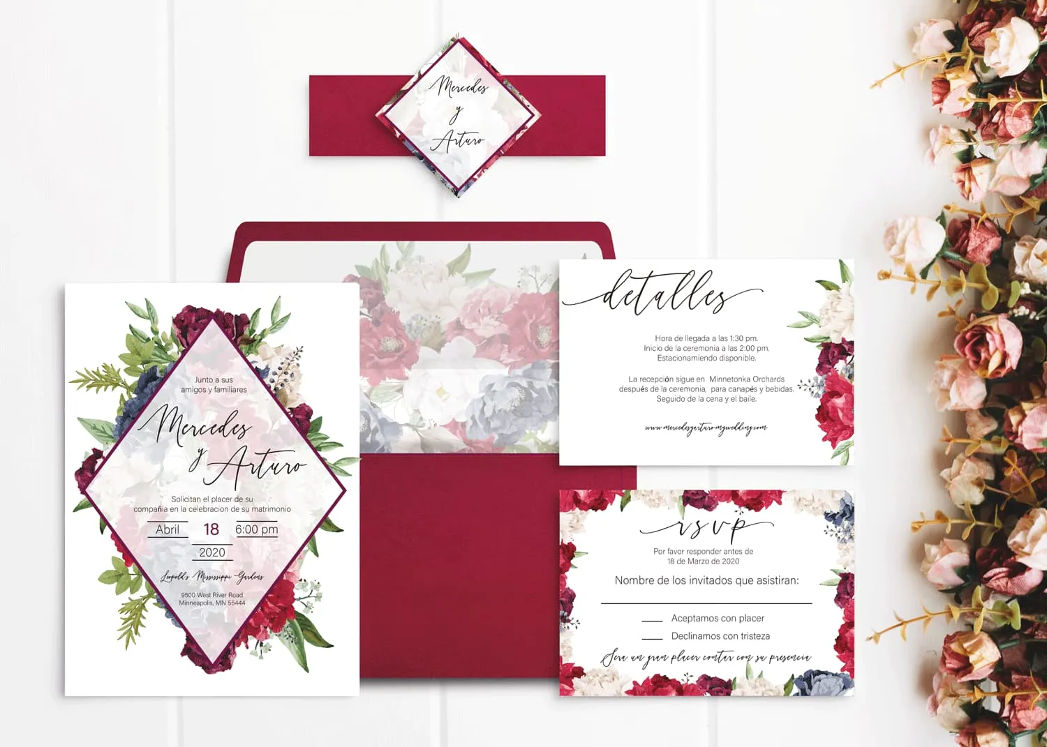 Red Diamond Spanish & English Elegant Wedding Invitation