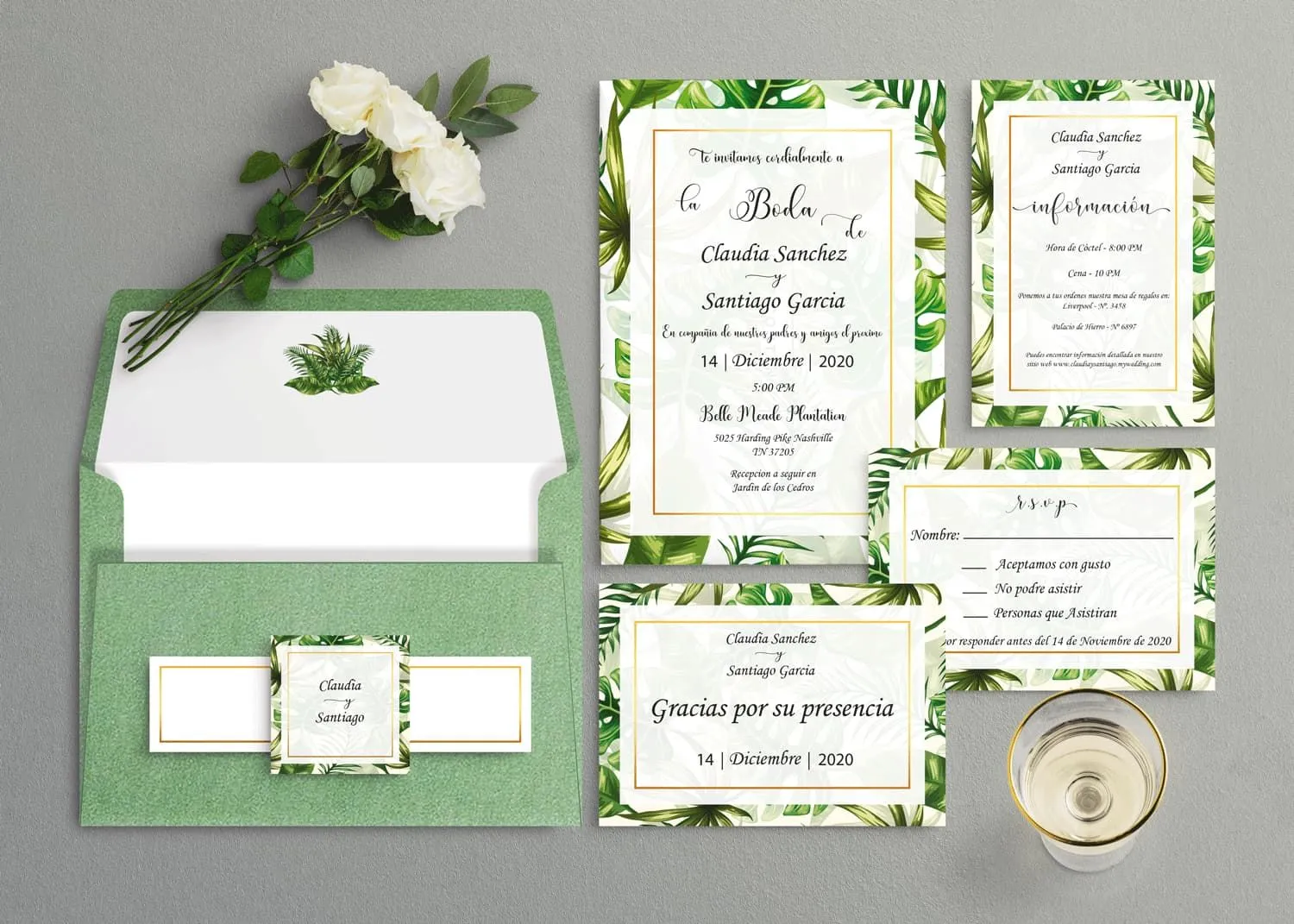 Tropical Calligraphy Spanish & English Elegant Wedding Invitation